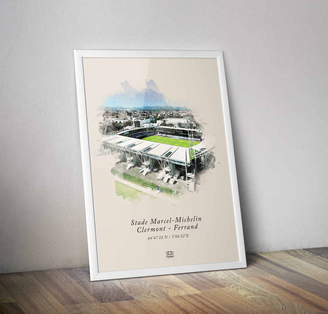 Aquarelle affiche stade rugby Marcel Michelin Clermont Ferrand